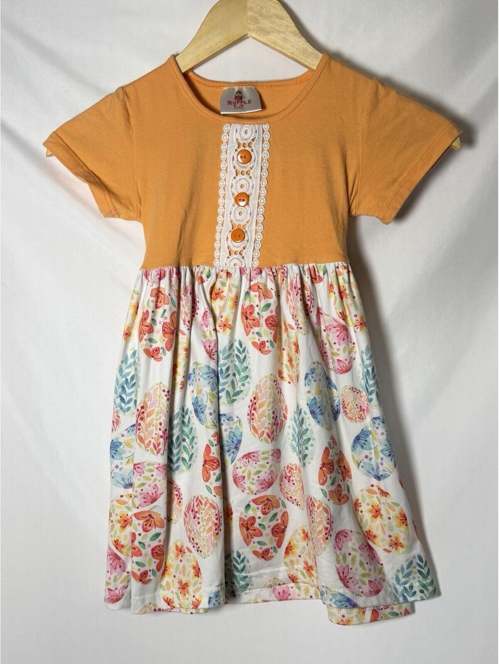 Ruffle Girl Dress Orange Colorful Eggs Dress Buttons Back Tie XL (5-6)